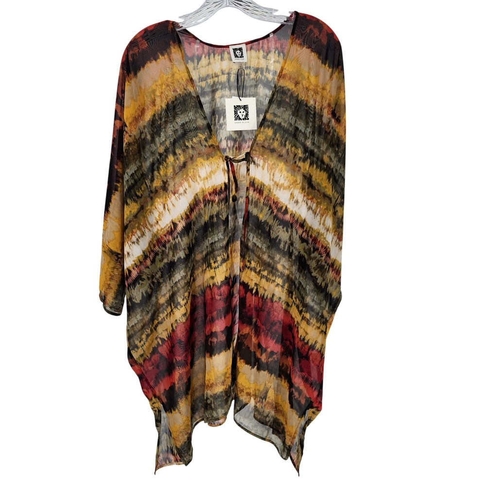 Anne Klein Womens One Size Sheer Ikat Print Kimono Cover Up Multicolor MSRP $89